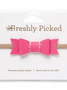 Freshly Picked Bright Pink Leather Bow Headband with Nude Elastic